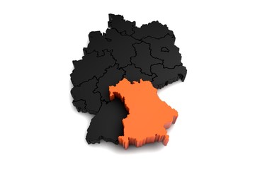 black germany map, with bayern region, highlighted in orange.3d render