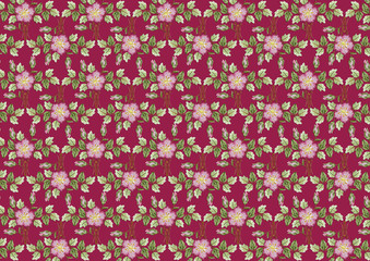 Crimson red background from embroidered flowers,pink roses, buds and branch with green leaves
