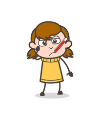 Ill Person with Fever Thermometer - Cute Cartoon Girl Illustration