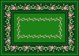 Embroidery for tablecloth with beads and garlands of pink roses,buds with  green leaves on green background 

