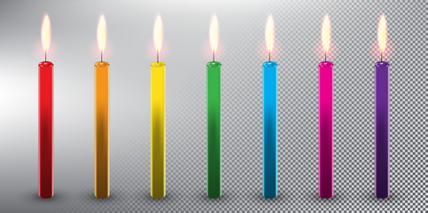 Set of 7 colorful vector candles. Birthday cake candles. Realistic and isolated with transparent burning flame and shadow on the white background. Vector illustration. Eps10.