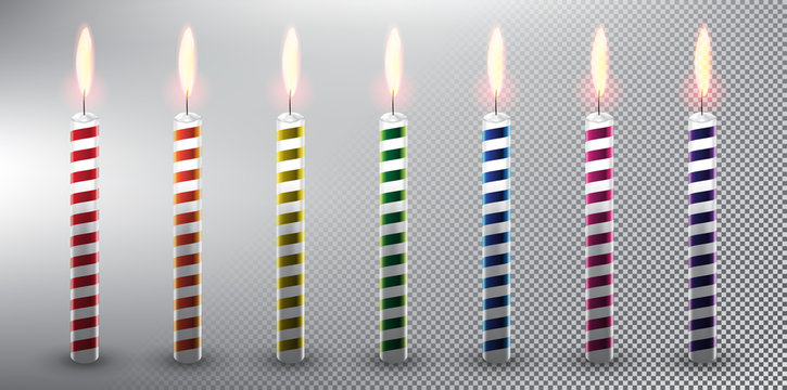 Set Of 7 Colorful Vector Candles Birthday Cake Candles Realistic And Isolated With Transparent Burning Flame And Shadow On The White Background Vector Illustration Eps10 Stock Vector Adobe Stock