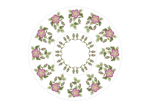 Pattern from an oval frame of beads with an embroidered wreath of roses, buds of roses with branches and leaves on  white background
