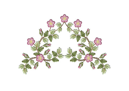  Embroidered pattern of curved branches with green leaves, pink roses and rosebuds on a white background

