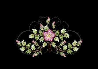 Pattern for embroidered bouquet with curved branches with leaves,roses and rosebuds with transparent twists on black background

