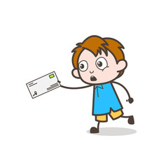 Little Boy Running with Letter - Cute Cartoon Kid Vector