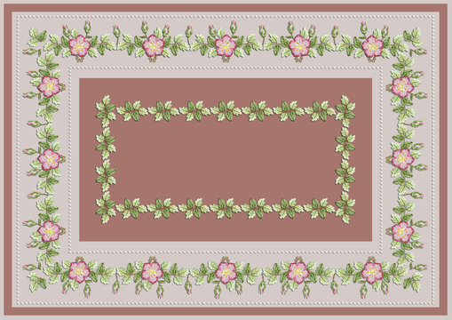 Beige terracotta tablecloth with beaded frame and embroidered pattern of pink roses, buds with leaves


