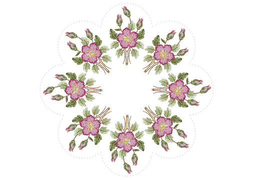 Wavy oval frame of beads with embroidered wreath of pink roses,buds with branches and leaves on white background 
