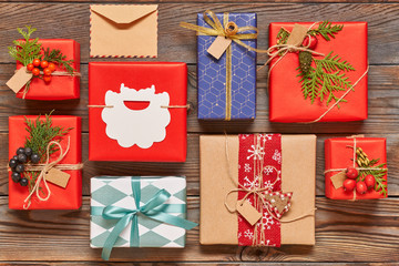 Christmas presents on wooden background