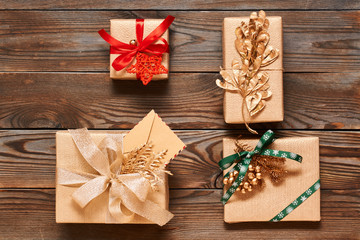 Christmas presents on wooden background