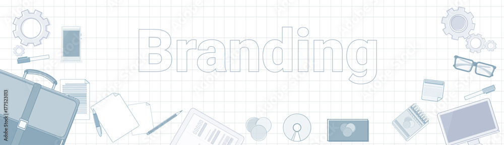 Poster branding word with office stuff icons on squared background creation and products line development c