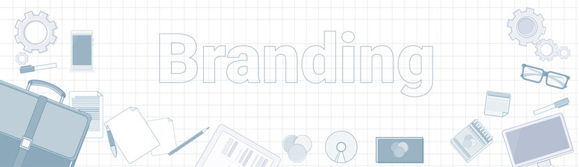 Branding Word With Office Stuff Icons On Squared Background Creation And Products Line Development Concept Vector Illustration