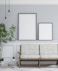 Interior design simple scene with frames. Modern scandinavian interior. 3d render studio.