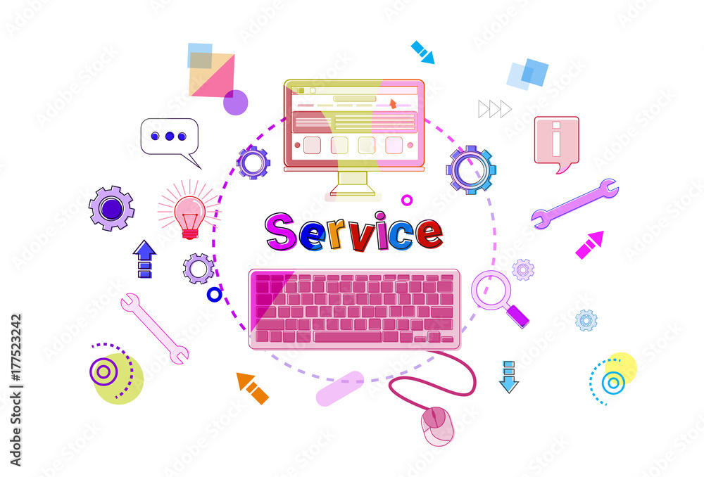 Poster services word with pc computer icons on white background customer help satisfaction concept vector i