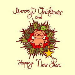 MeChristmas And New Year Greeting Card With Garland Wreath And Hand Drawn Lettering Background Vector Illustration