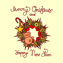 MeChristmas And New Year Greeting Card With Garland Wreath And Hand Drawn Lettering Background Vector Illustration