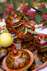 khokhloma dishes autumn patterns Russian color folk craft berry leaves red yellow