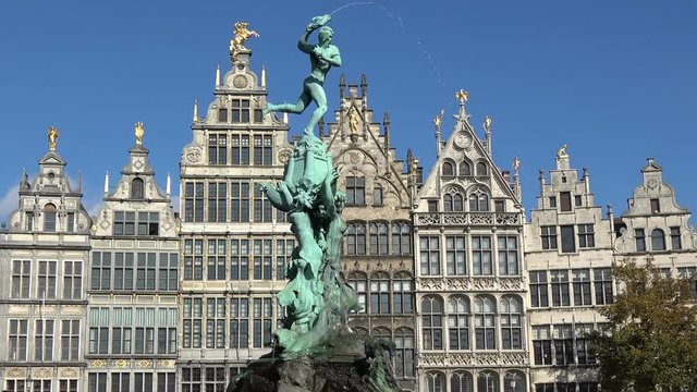 Antwerp Brabo Fountain located on Great Market Square Grote Markt town square situated in heart of old city quarter and is filled with numerous elaborate 16th century guildhalls restaurants and cafes