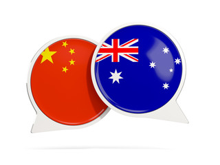 Chat bubbles of China and Australia isolated on white