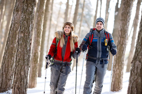 Hikers couple in winter hiking in forest