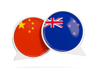 Chat bubbles of China and New Zealand isolated on white