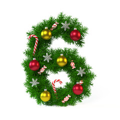 Christmas font isolated on white, number 6 3d rendering