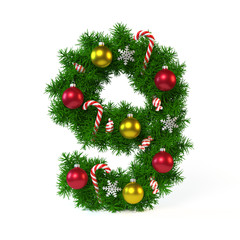 Christmas font isolated on white, number 9 3d rendering