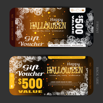 Vector gift voucher to Halloween with group of transparent pumpkins, stripes, text, sparkles on the gradient dark brown background.