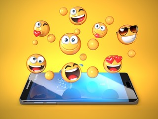 Emojis around mobile phone, smart phone messaging with emoticons 3d rendering