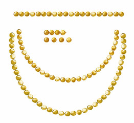 White background with hanging beautiful shiny painted watercolor garlands of gold beads. Vector Set for festive design. Christmas decorations.