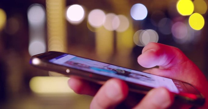 Hand of Man Browsing Smartphone Modern Technology 4g 5g Connection Hypster Town Close Up Shot Slow Motion Shot Red Epic 8k