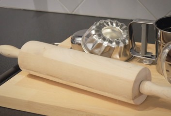Wooden Rolling Pin, Measuring Cup and Cake Mold