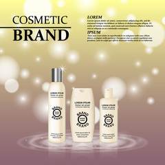 3D realistic cosmetic bottle ads template. Cosmetic brand advertising concept design with glitters and bokeh background