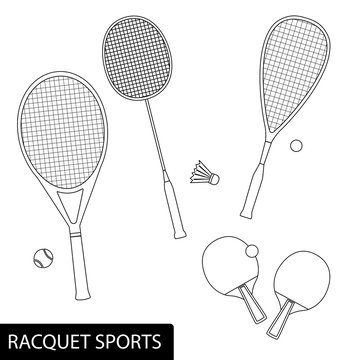 Set of racquet sports in outline design - equipment for tennis, table tennis, badminton and squash - rackets and balls
