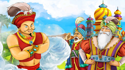 Obraz na płótnie Canvas cartoon scene with prince king or sorcerer in front of a castle - illustration for children