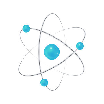 Atom. Electron, nucleus, neutron, proton sign. Educational vector illustration isolated on white background.
