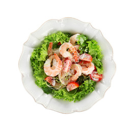 Plate with fresh tasty shrimp salad on white background