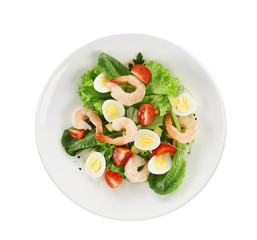 Plate with fresh tasty shrimp salad on white background