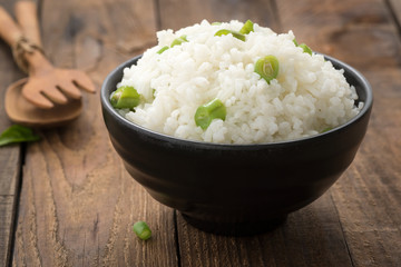 rice with string bean on wood

