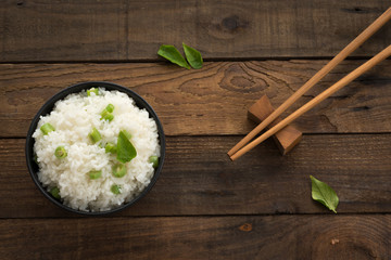 rice with string bean on wood

