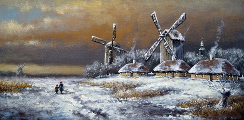 Winter Winter village, landscape paintings, oil, canvas, artvillage, landscape paintings, oil, canvas, art