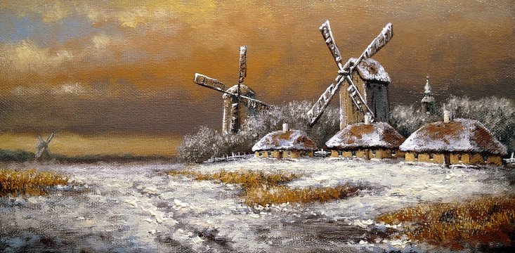 Winter village, landscape paintings, oil, canvas, art