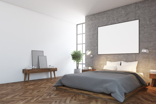 Concrete bedroom interior, poster, side