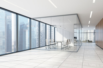 Glass and white office meeting room, armchairs