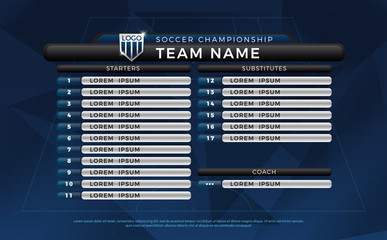 Broadcast graphic for football starting and substitutes, reserves separate text layer, football substitutes broadcast graphic for soccer starting lineup squad blue color