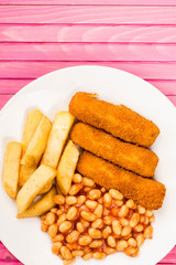 Grilled Cod Fish Fingers With Chunky Chips And Baked Beans in Tomato Sauce