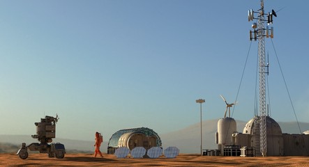 Mars colony. Expedition on alien planet. Life on Mars. 3d Illustration. © elenaed