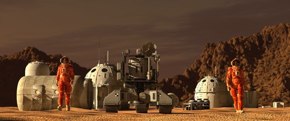 Mars colony. Expedition on alien planet. Life on Mars. 3d Illustration. © elenaed