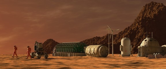 Mars colony. Expedition on alien planet. Life on Mars. 3d Illustration. © elenaed