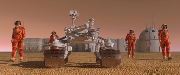 Mars colony. Expedition on alien planet. Life on Mars. 3d Illustration. © elenaed